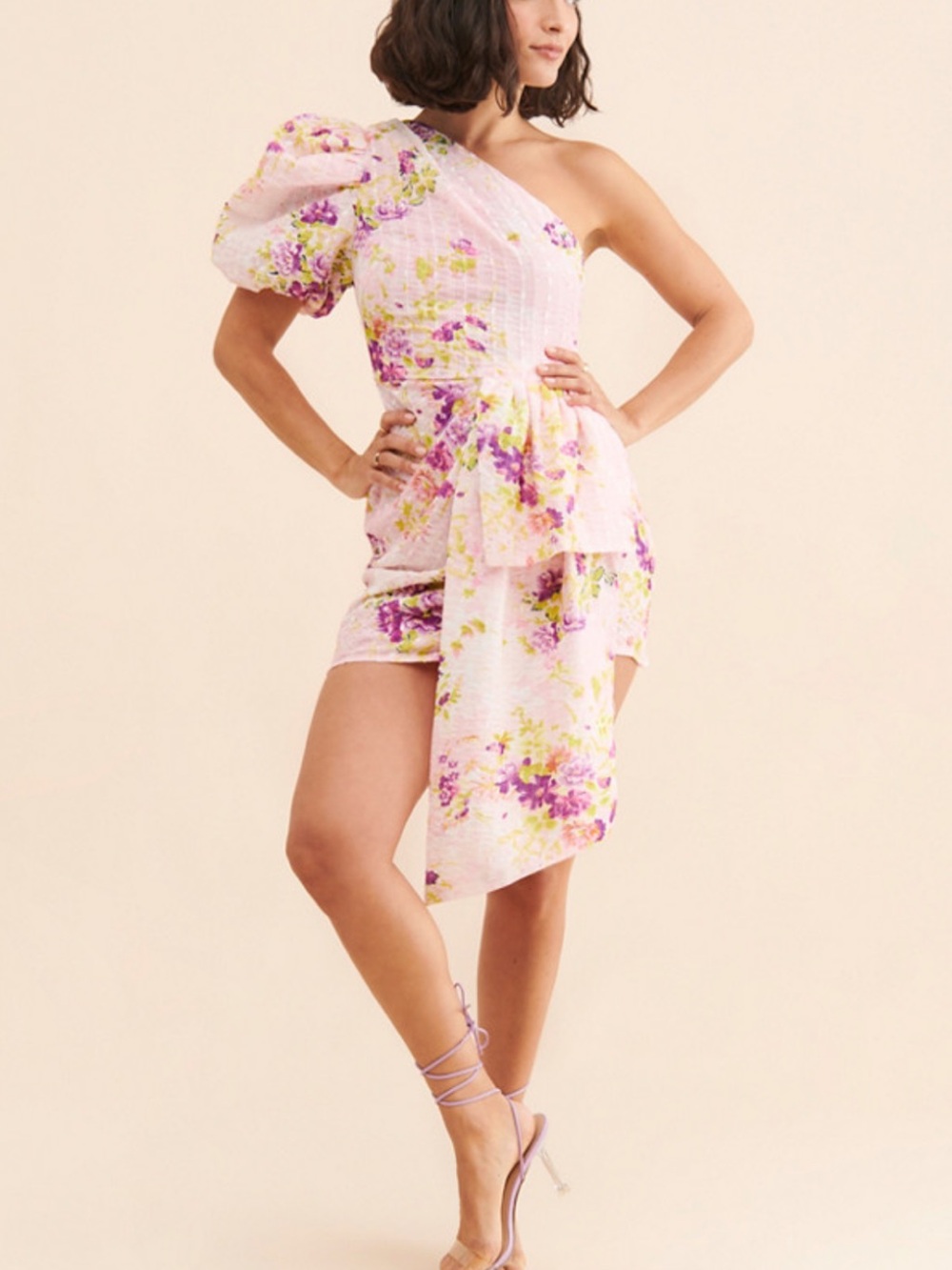 ELLIATT Pink Floral One-Shoulder Metallic Stripe Mini Dress | Large